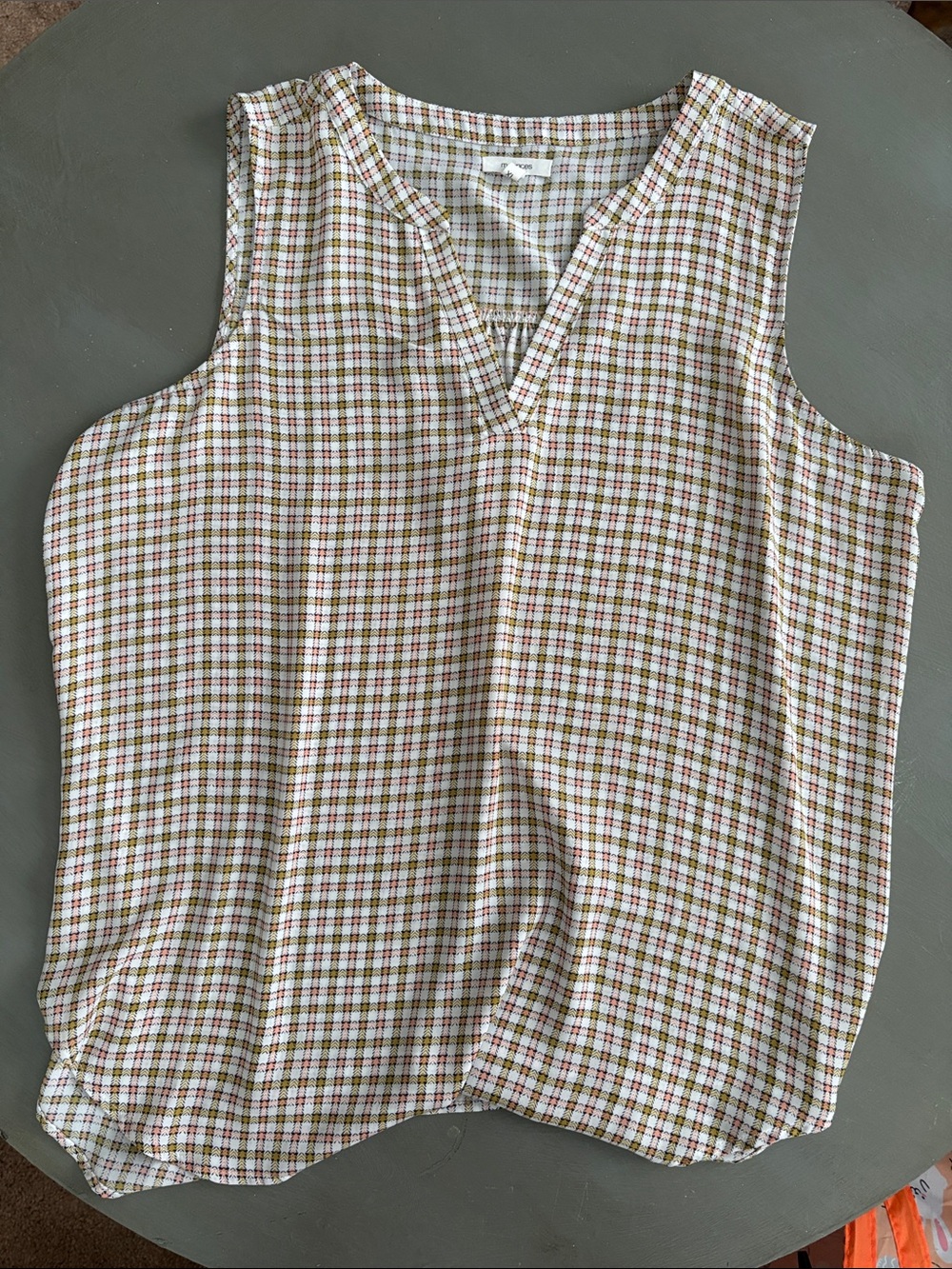 Maurices Sleeveless Split-Neck Plaid Top in Cream, Olive & Rust